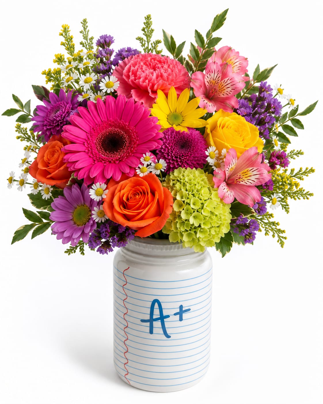 Colorful mixed bouquet in a white jar vase with an A+ design