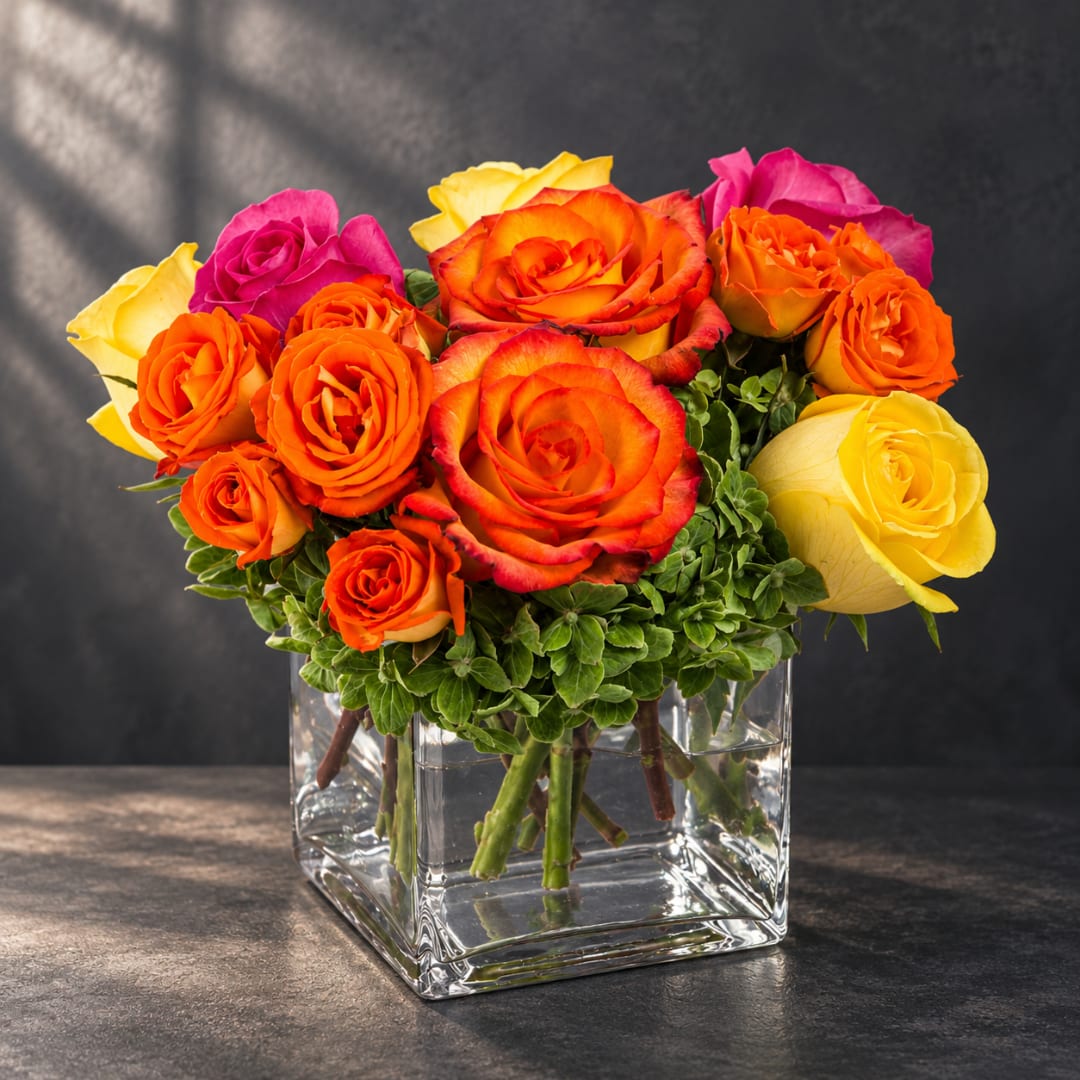 Mixed roses in orange, yellow, and pink arranged in a clear square vase