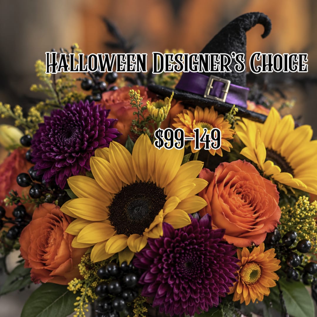 Halloween bouquet with sunflowers, orange roses, and purple mums under a witch hat