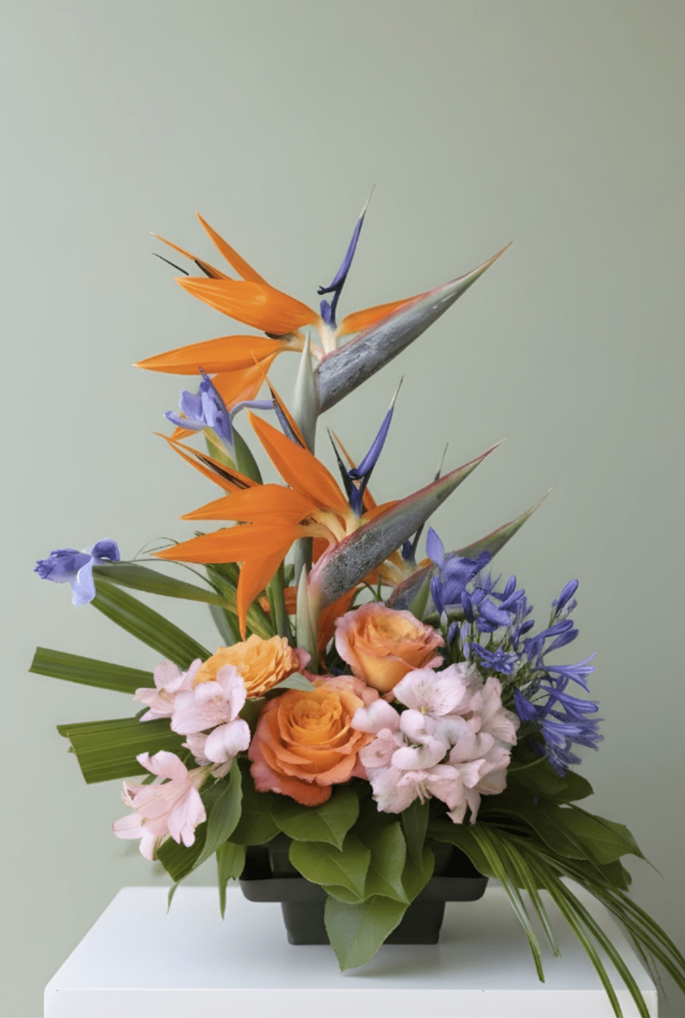 Tropical Vibes - Tall orange bird-of-paradise blooms shoot upward in a sculptural, modern arrangement that reads instantly festive - a tropical flower arrangement perfect for birthdays, congratulations, or any warm-weather celebration. The dramatic vertical lines and bright color play (orange, purple, pink, blue and lush green) give the recipient a striking, celebratory impression: they'll feel seen and celebrated by a design that's bold, exotic, and unmistakably joyful. 