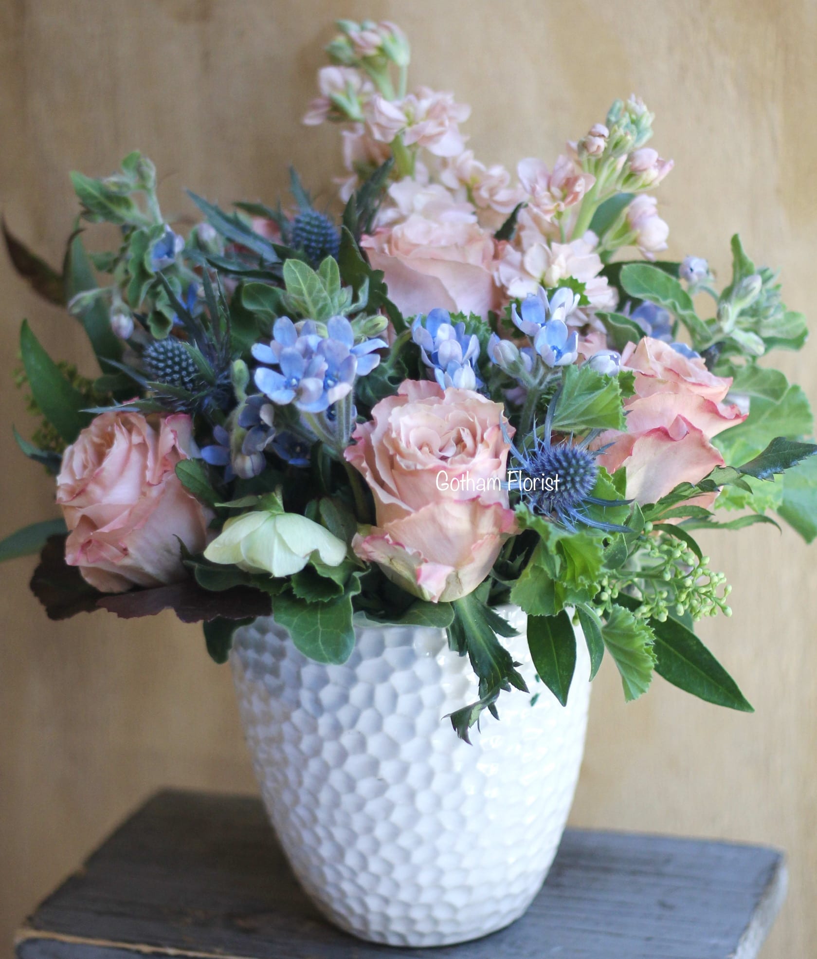 Ballerina - Soft pink roses with touches of blue. A perfect flower gift to send for a new baby or birthday. Same day delivery available.