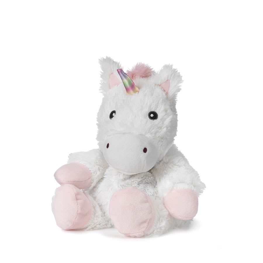 White plush unicorn with pink hooves and a rainbow horn