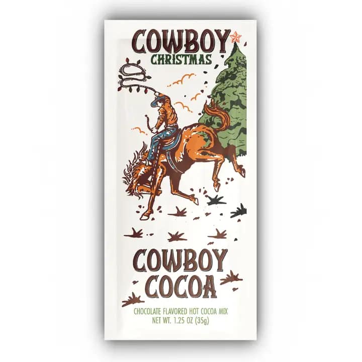 Cowboy Christmas cocoa mix packet with a cowboy riding a horse