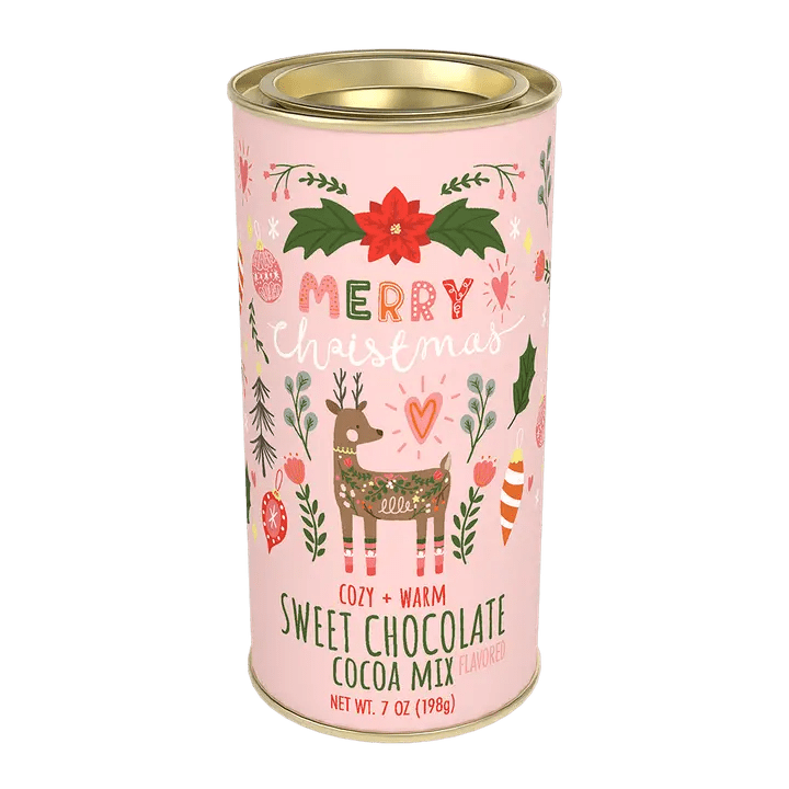 Pink Christmas cocoa mix tin with a reindeer illustration