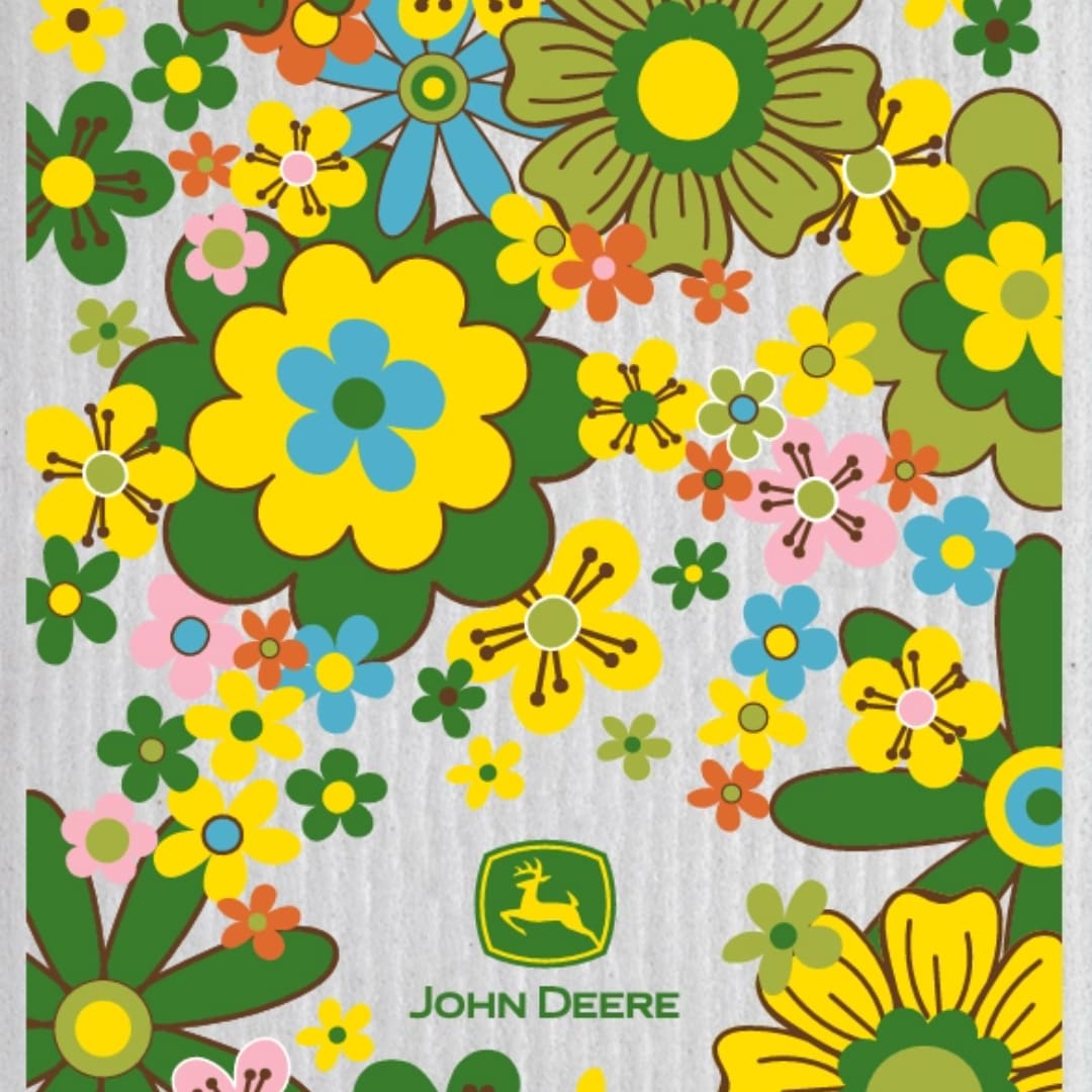 John Deere floral pattern with colorful retro-style flowers and logo