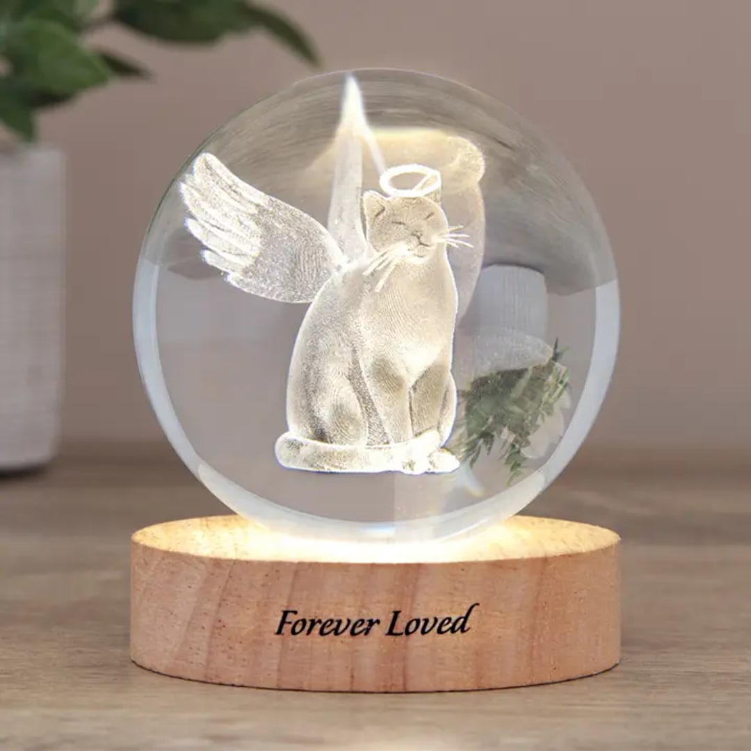 Glass orb lamp with a glowing cat figurine on a wooden base
