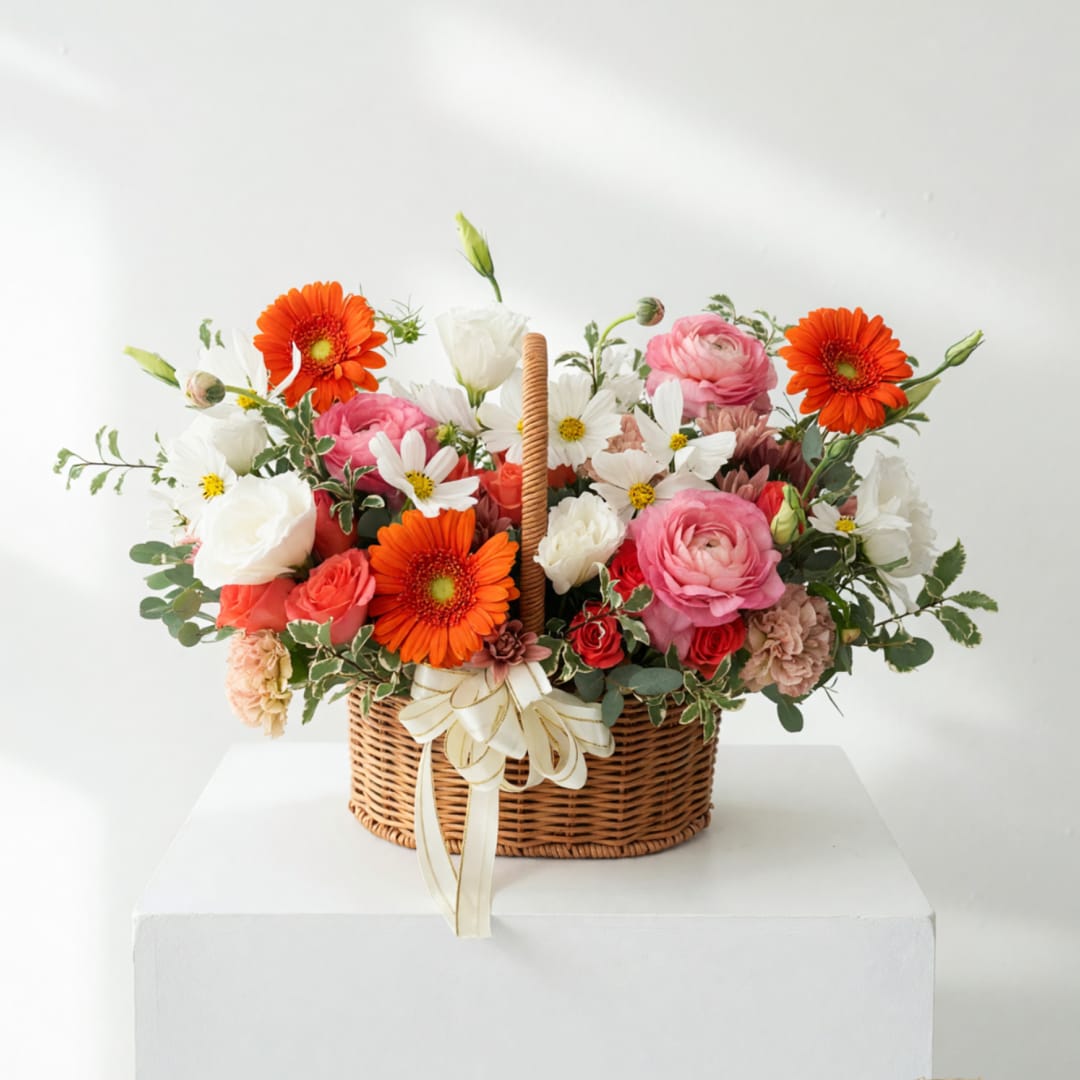Basket arrangement of pink, white, and orange flowers with a ribbon bow