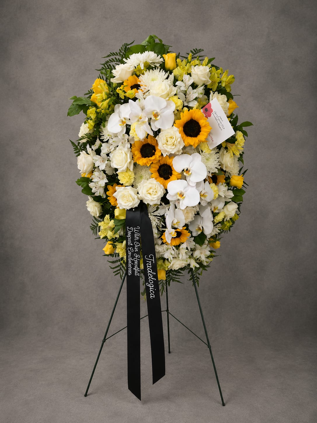 Forever Bright - A vibrant spray featuring radiant sunflowers, white orchids, roses, and seasonal blooms arranged to symbolize enduring love and remembrance. Forever Bright honors the light and joy a loved one brought into the lives of others.