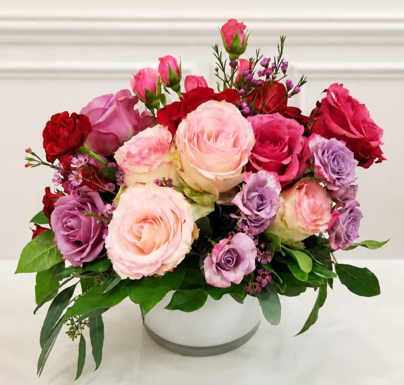 Mixed pink, lavender, and red roses arranged in a white vase