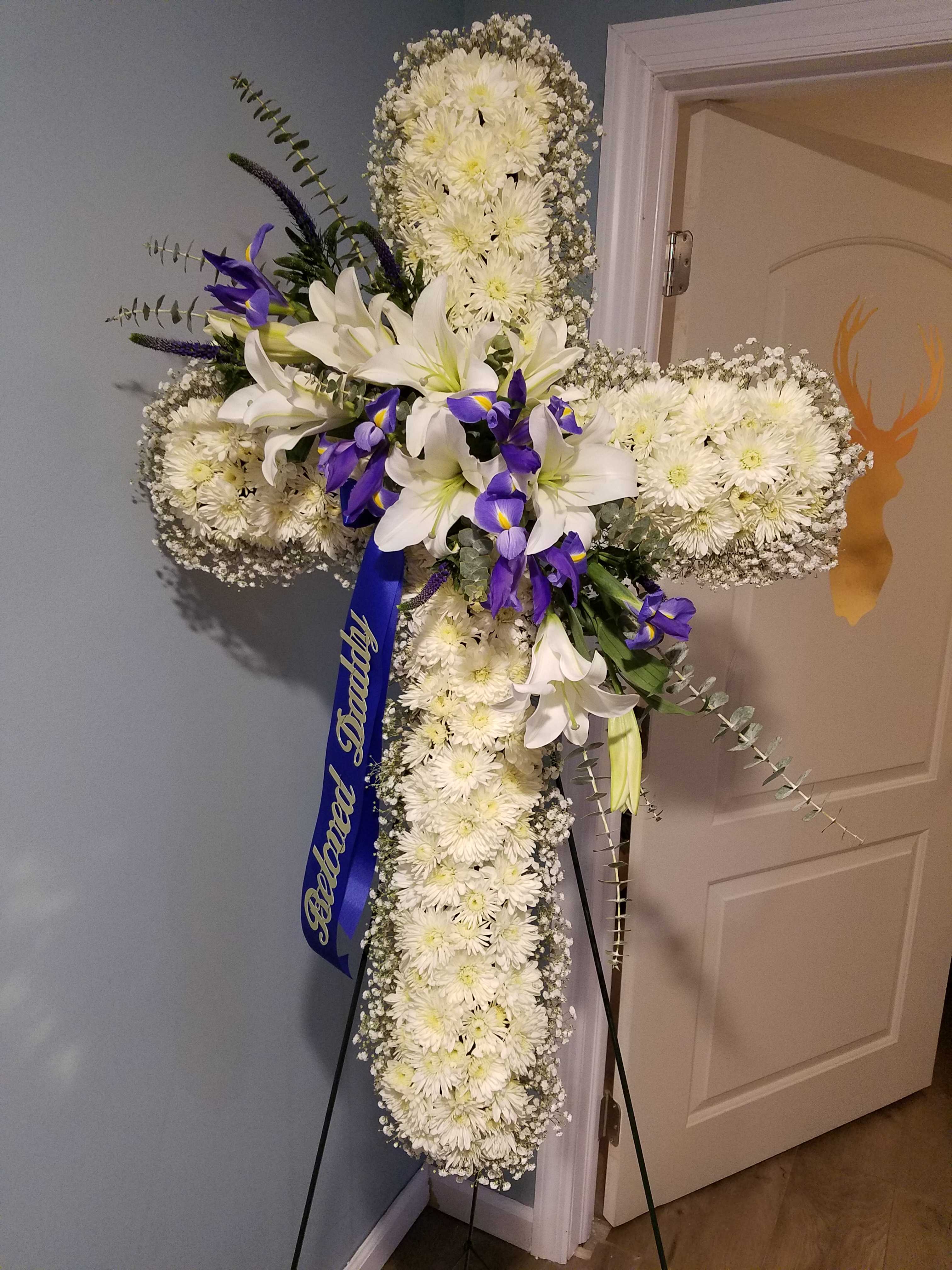 24 inch standing sympathy cross - white pom/ mum cross, baby's-breath and greenery lined. 
