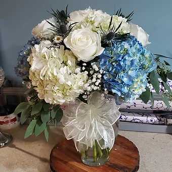 Blue Joy - Blue/White Hydrangea and White Rose, eucalyptus and babysbreath arangement perfect for congratulating new baby arrival to Father's day