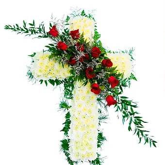 Sympathy Cross - Fully decorated 30 "cross with fresh roses, mums, lilies and bear grass. Personalization can be added at no additonal cost.  The Cross will be placed on a stand at the memorial site. Requires 48 hour advance notice to prepare.