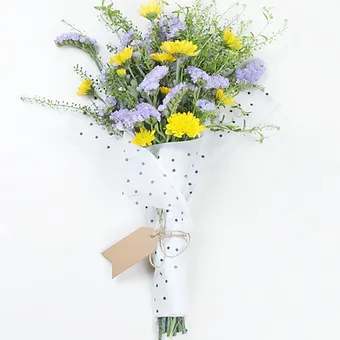 Wildflower Bouquet - Yellow pom pom, purple statis and lush garden greenery bouquet.