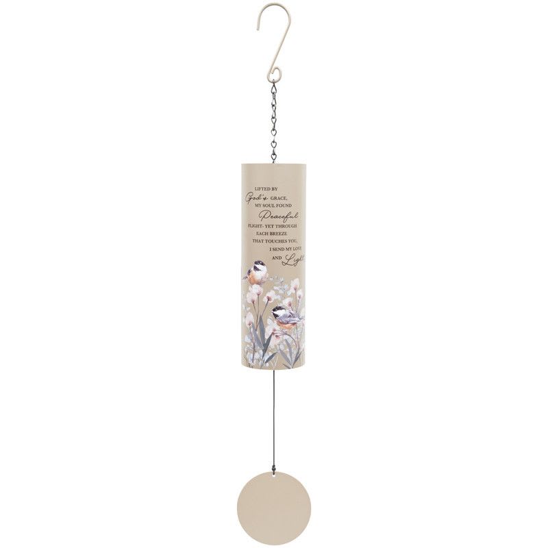 Peaceful Cylinder Chime 36" - This heavy duty cylinder chime offers a unique expression of sympathy. "Lifted by God’s grace, my soul found peaceful flight – yet through each breeze that touches you I send my love and light."  Product Size:  4.5 inch diameter and 14" long Cylinder