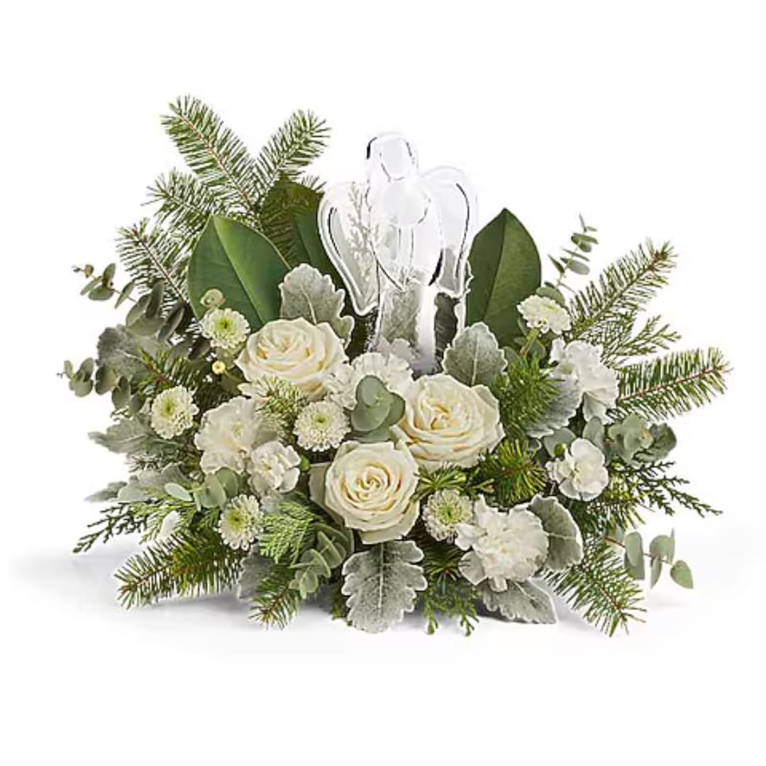 White rose bouquet with evergreen accents and a clear angel topper