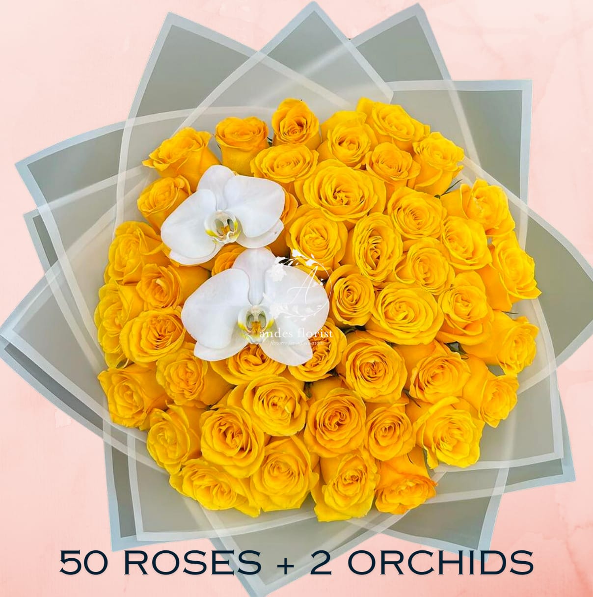 Bouquet of yellow roses with two white orchids