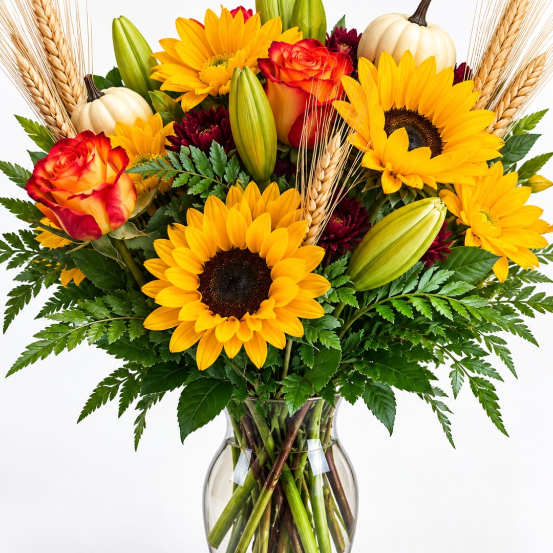 Sunflower and rose bouquet with lilies and pumpkins in a glass vase