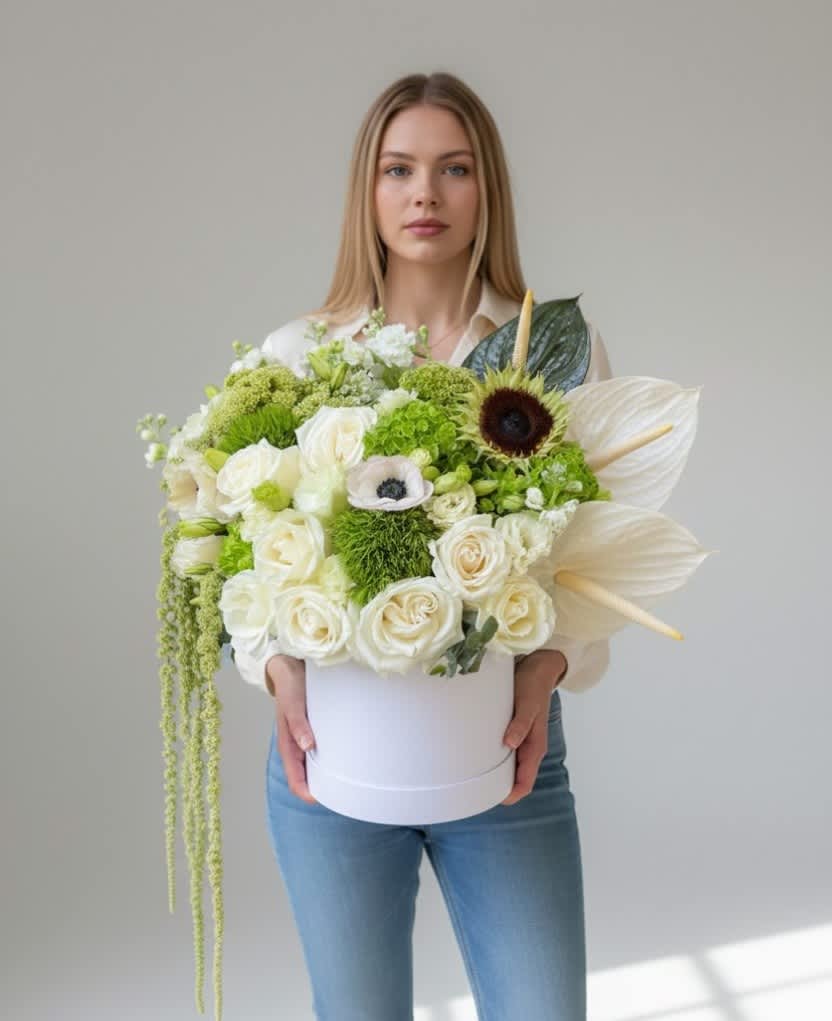 White and green floral arrangement in a round box held by a woman