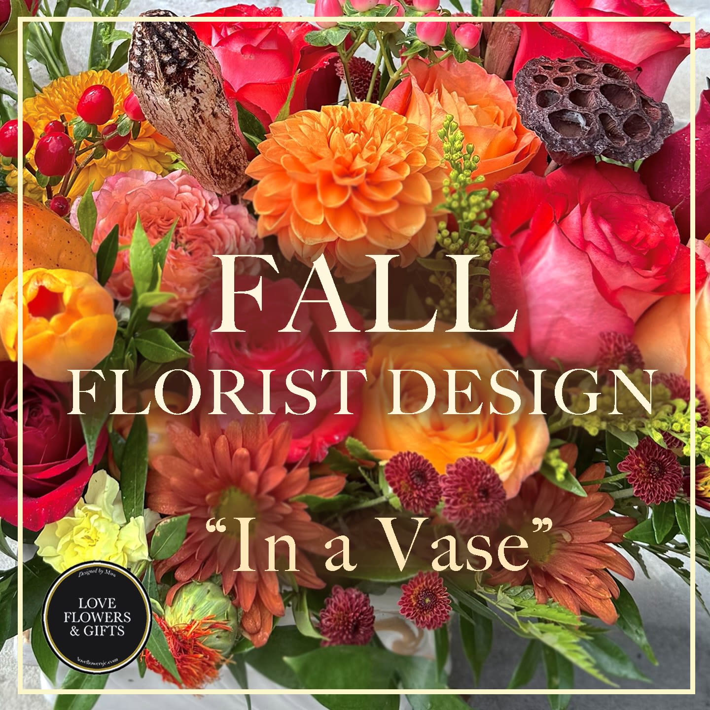 Colorful fall flower arrangement with orange dahlias, red and orange roses, and rust chrysanthemums.