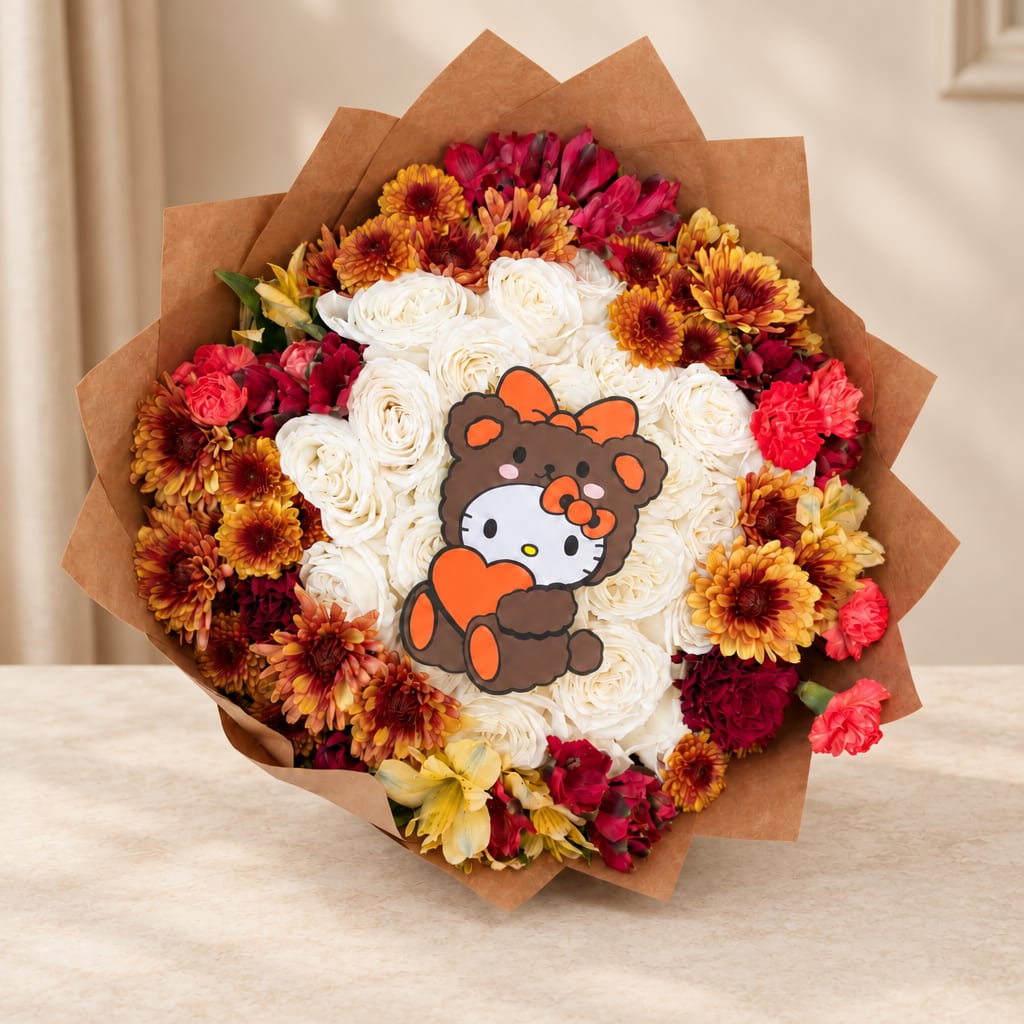 Bouquet of white roses and red-orange chrysanthemums with a cartoon bear topper