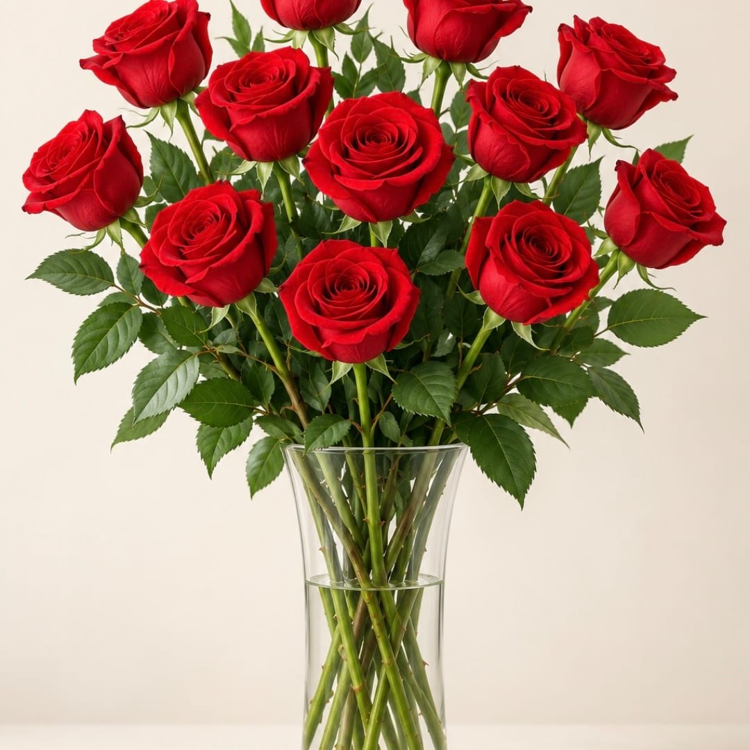 Bouquet of red roses in a clear glass vase