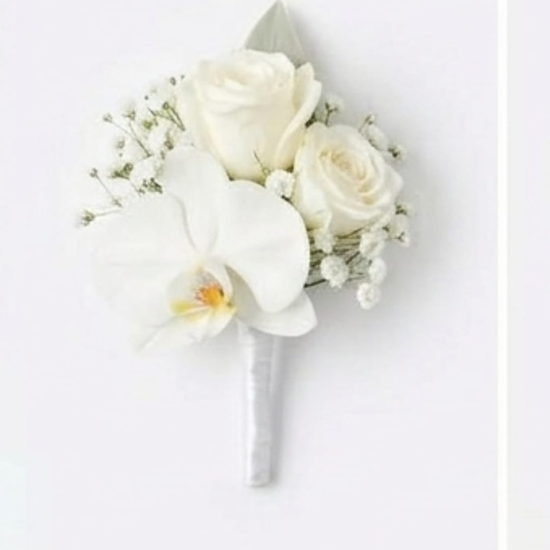 White bridal bouquet with roses and an orchid bloom