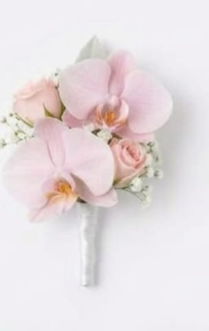 Small pink orchid and rose boutonniere on a white background