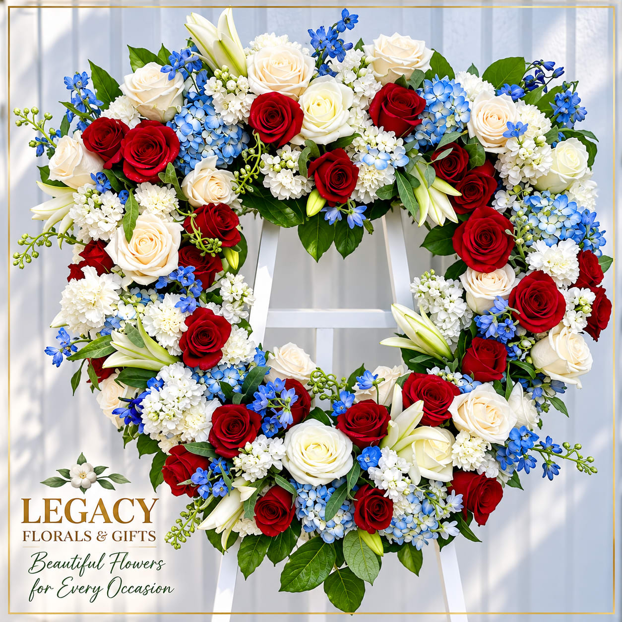 Heart-shaped floral wreath with red, white, and blue flowers