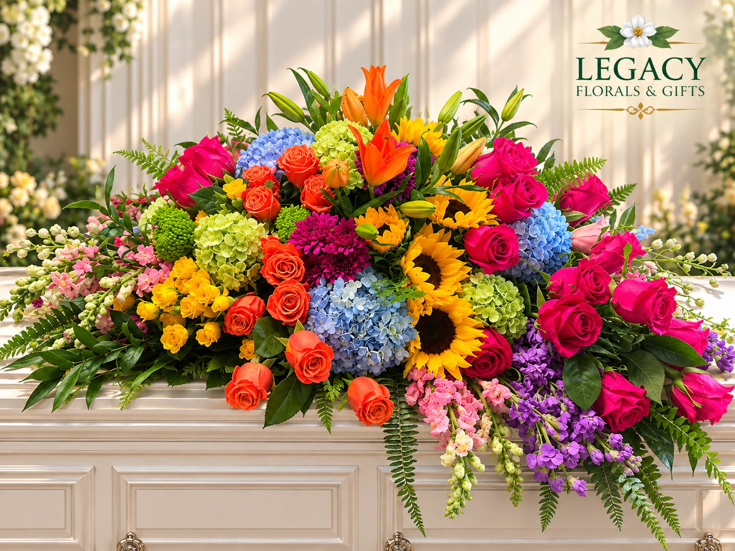 Large colorful floral arrangement with roses, sunflowers, and hydrangeas