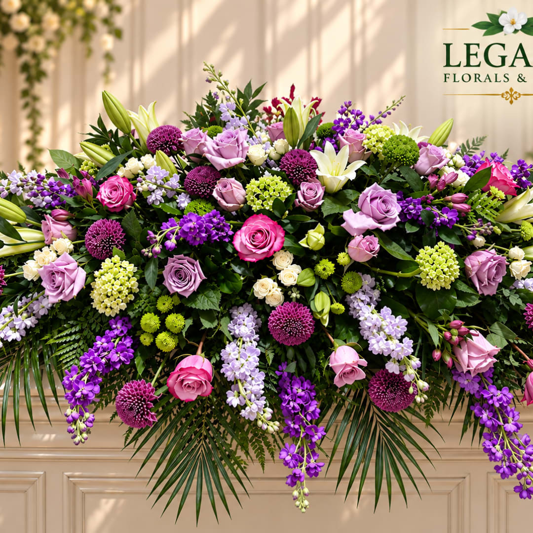 Large mixed floral arrangement with roses, lilies, and purple blooms