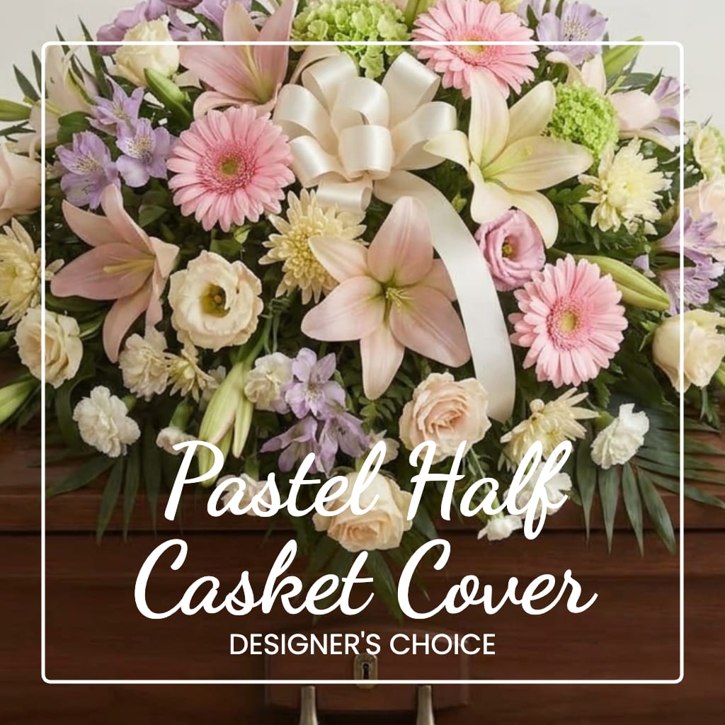 Pastel floral casket cover with a white ribbon bow