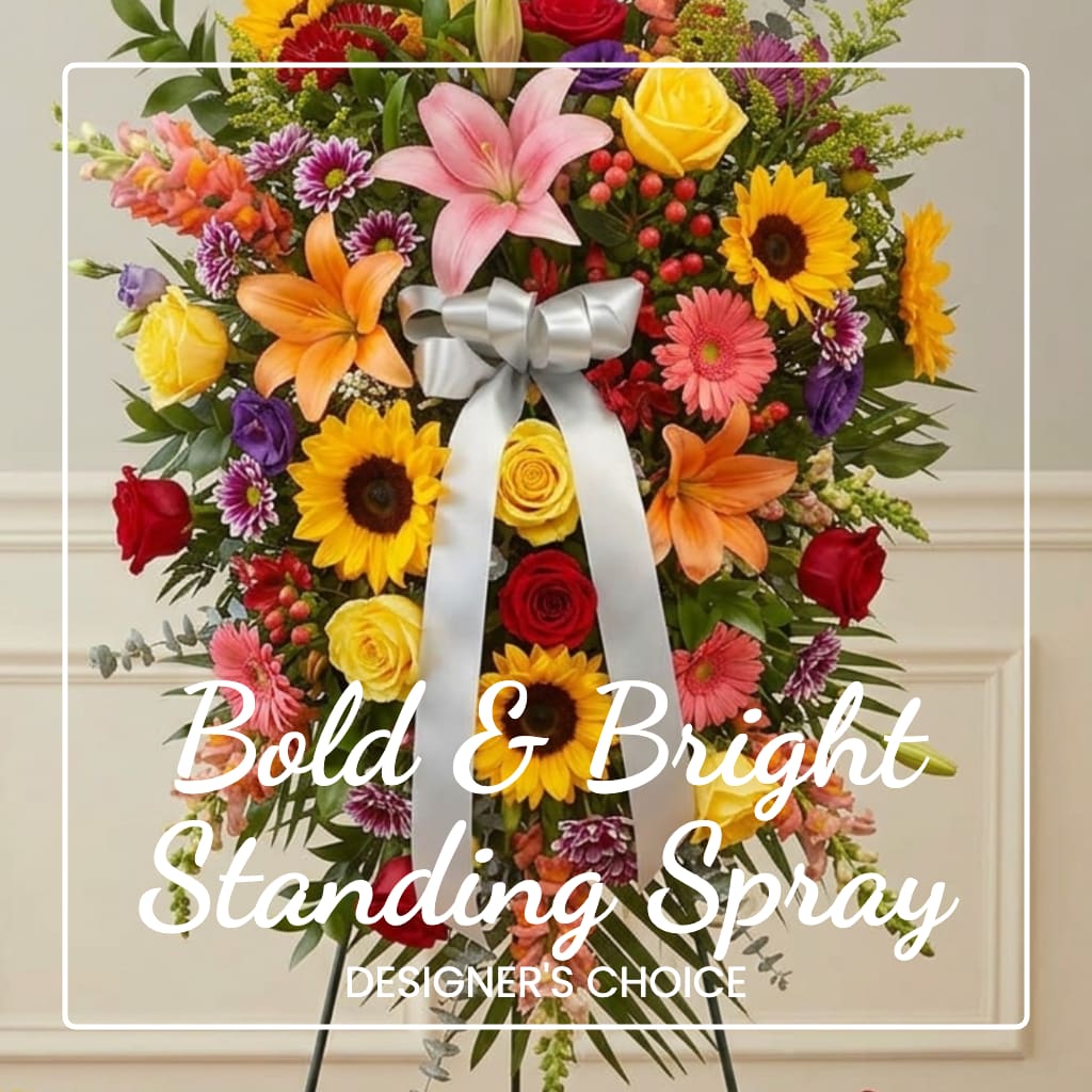 Colorful standing spray with a silver bow on an easel