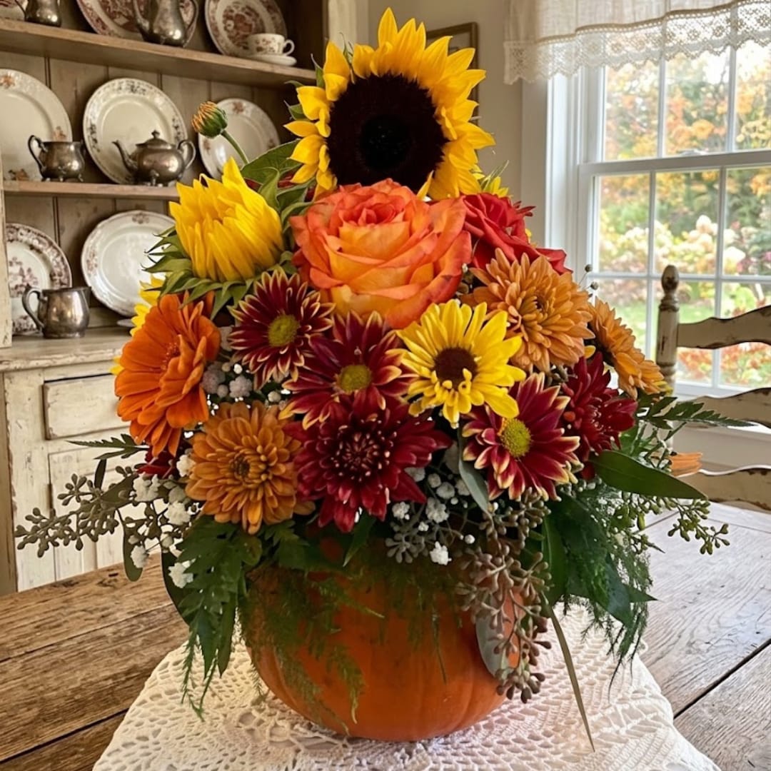 Autumn floral arrangement in a pumpkin-shaped container with sunflowers, roses, and mums