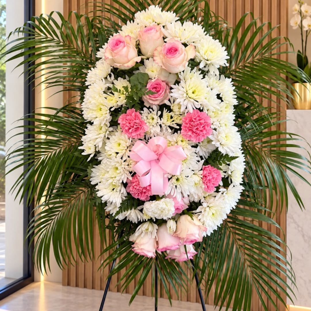 Pink and white floral standing wreath with a ribbon bow on an easel