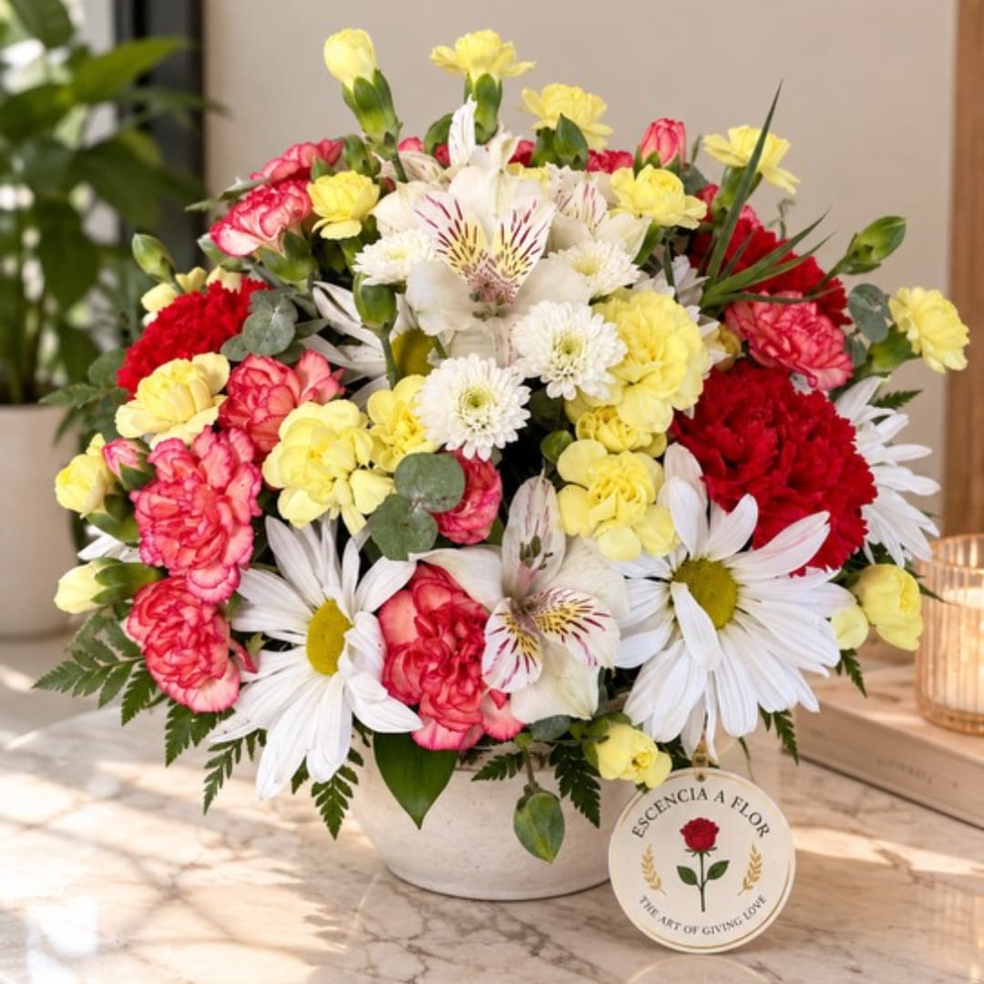 Mixed bouquet of daisies, carnations, and alstroemeria in a white bowl vase