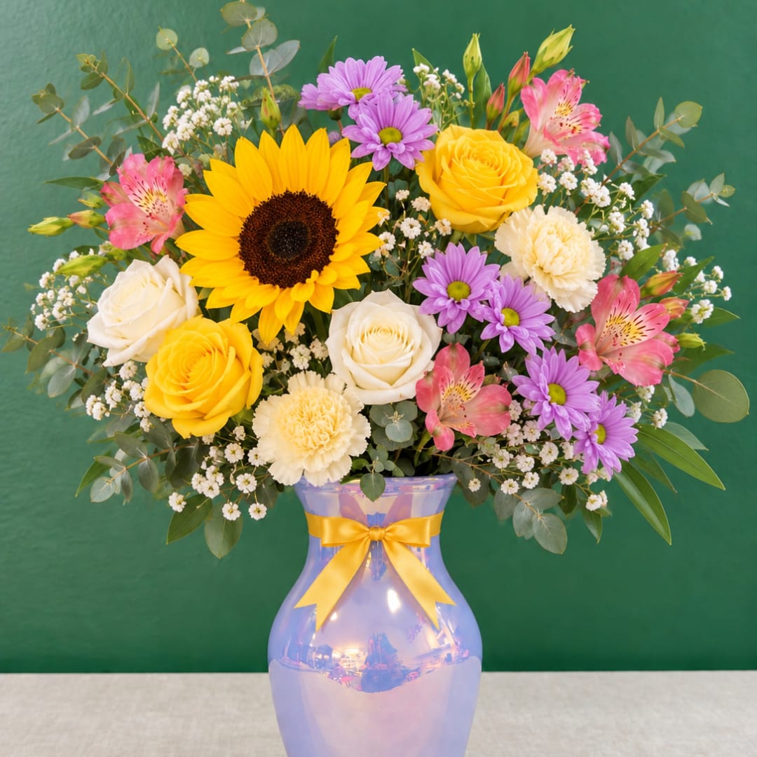 Mixed bouquet in a lavender vase with a yellow ribbon