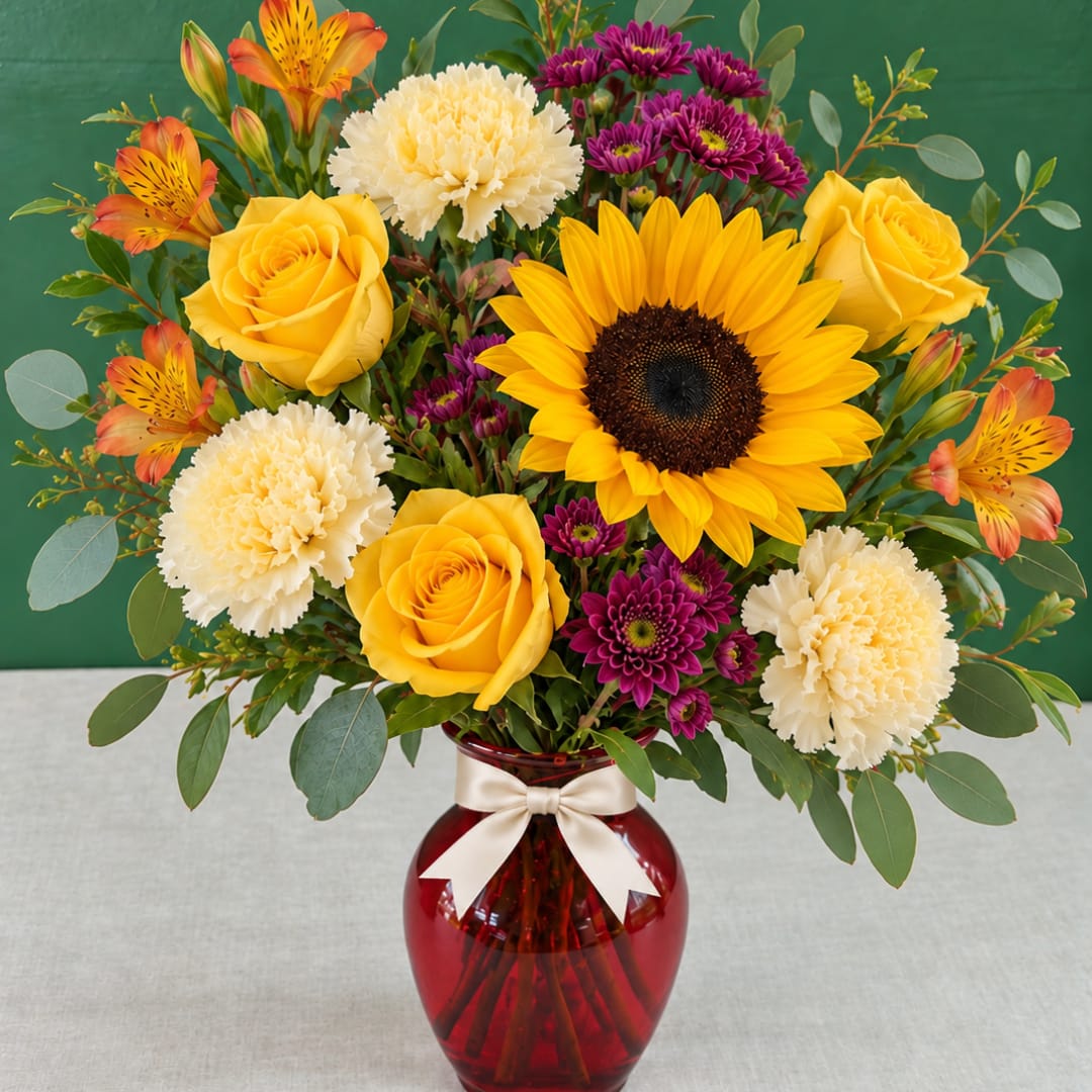 Yellow roses, sunflowers, and carnations in a red glass vase with a ribbon