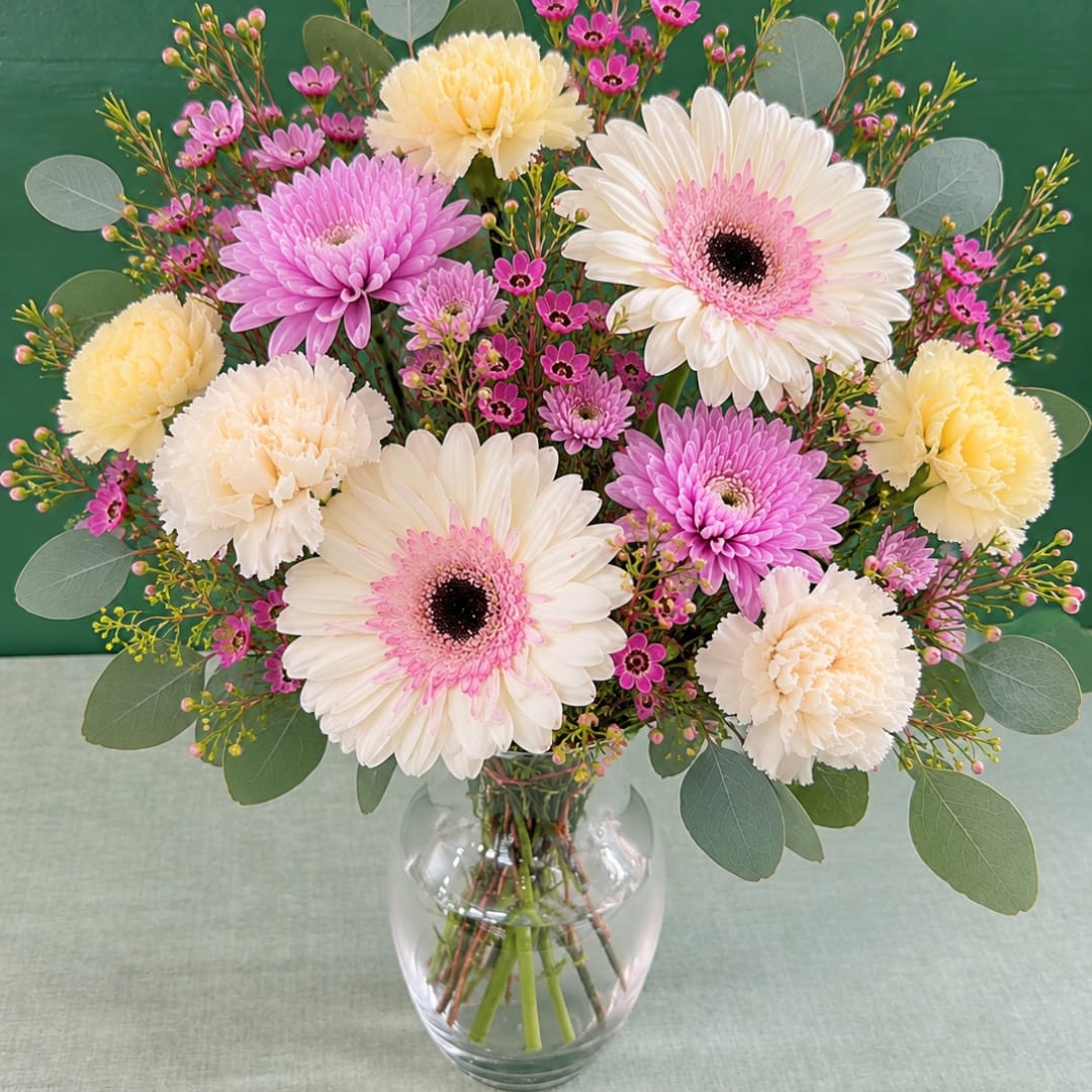 Bouquet of pink and white flowers in a clear glass vase