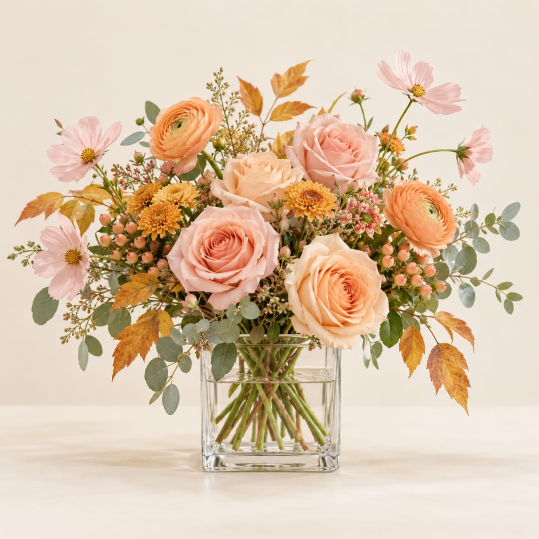 Peach and pink roses with pale cosmos in a clear glass vase