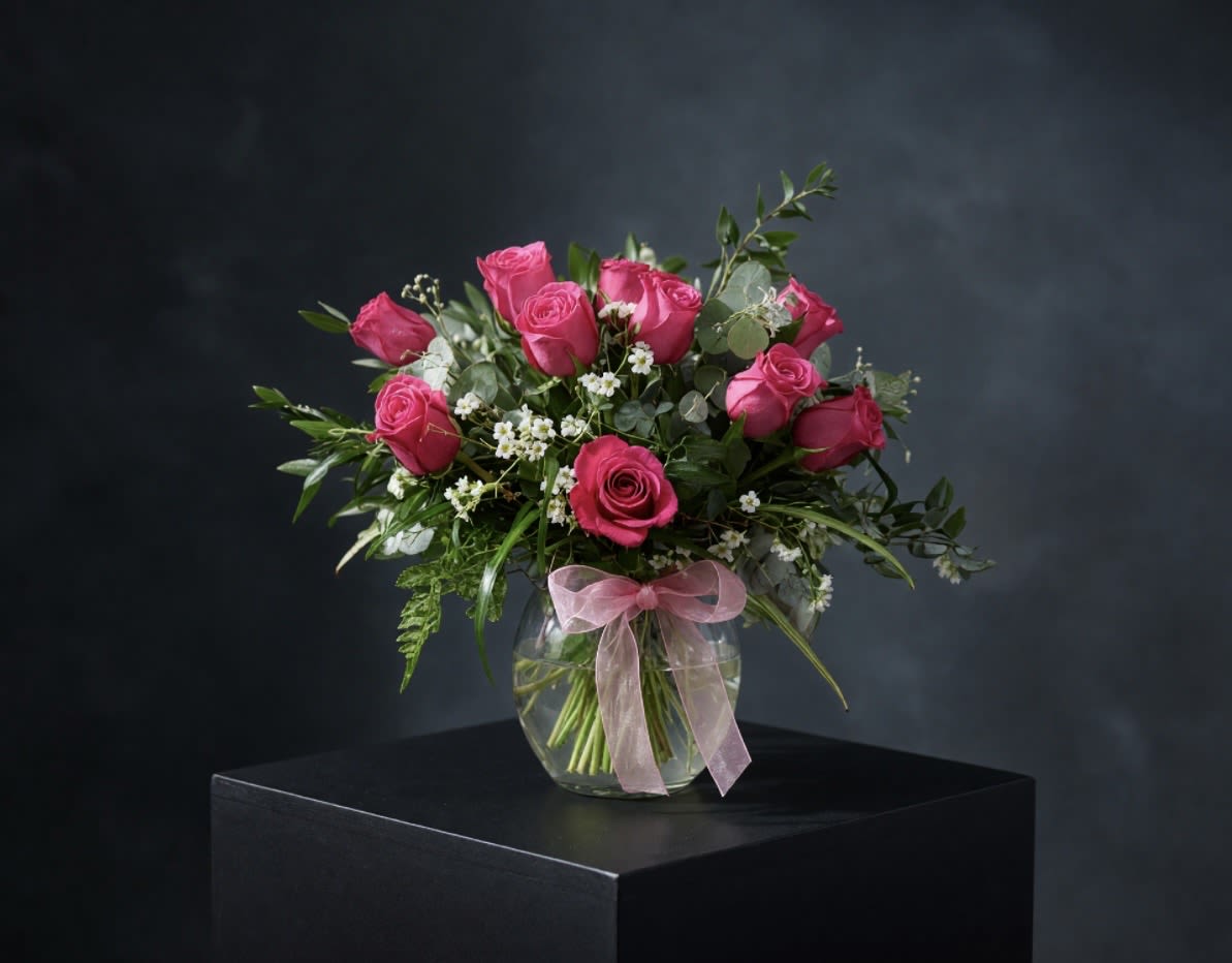 Blushing Elegance-Twelve Pink Roses - Twelve pink premium roses with fillers and and ribbon.