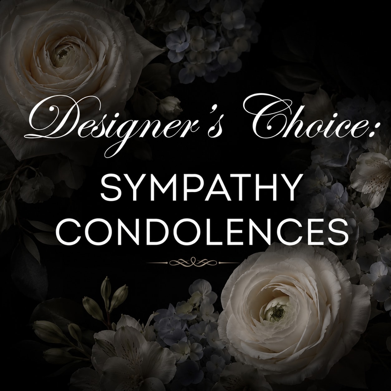 Sympathy condolence floral design with white blooms on a dark background