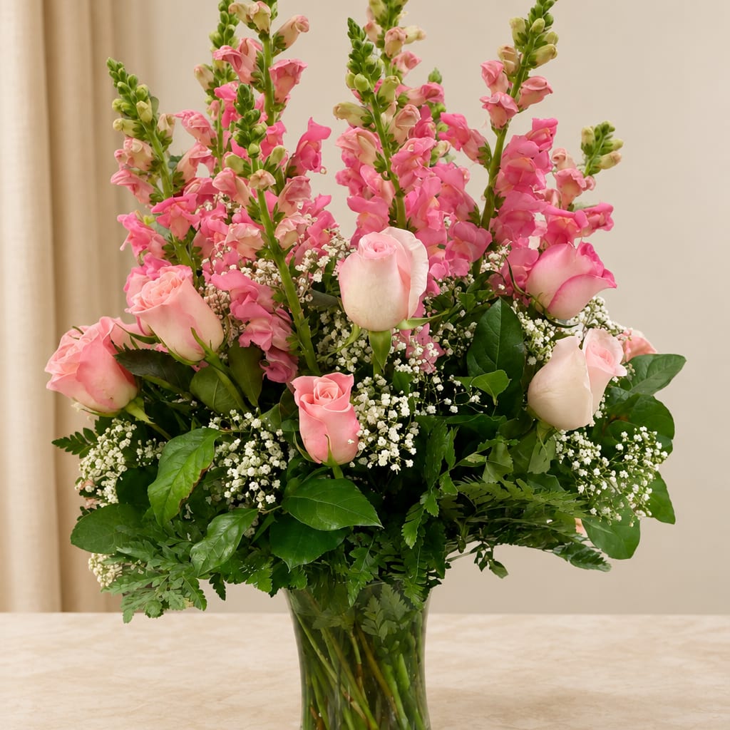 Pink roses and snapdragons arranged in a clear glass vase