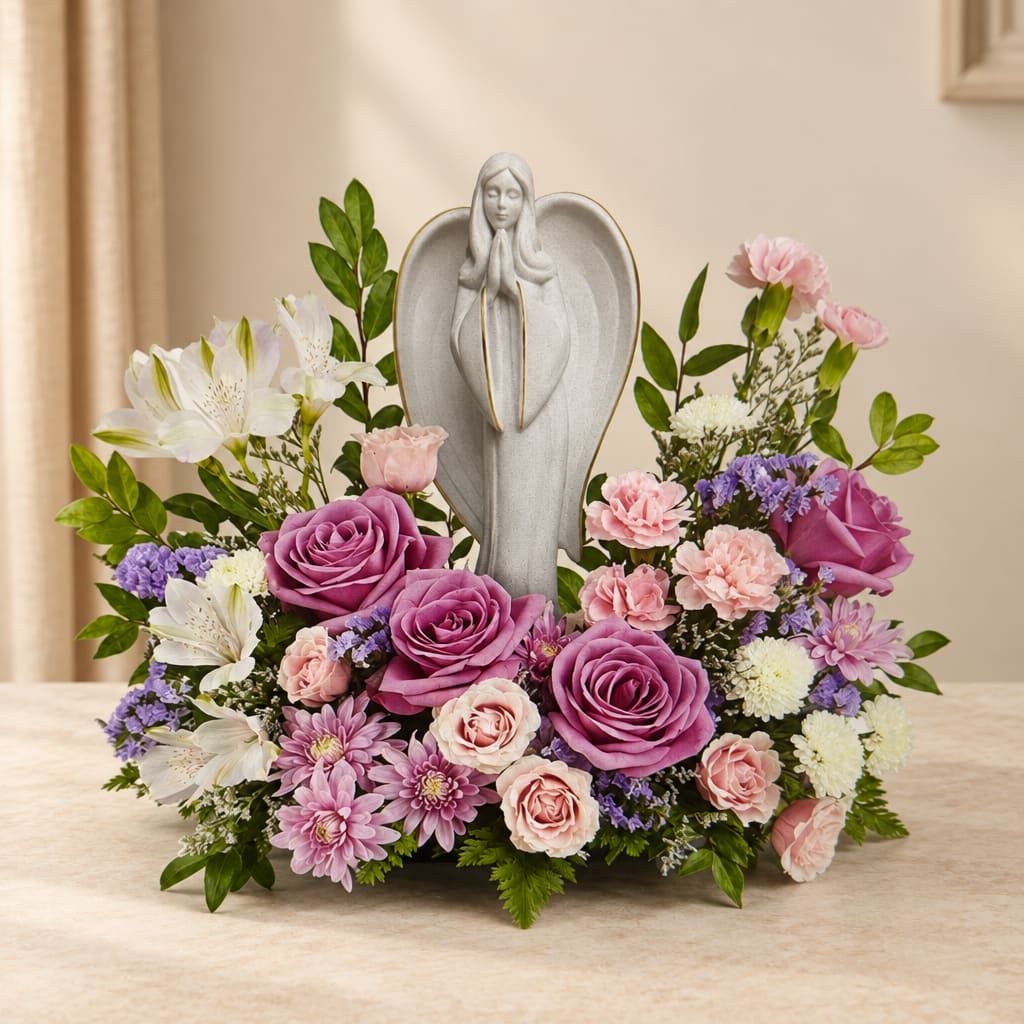 Pink and white floral arrangement with a praying angel statue centerpiece