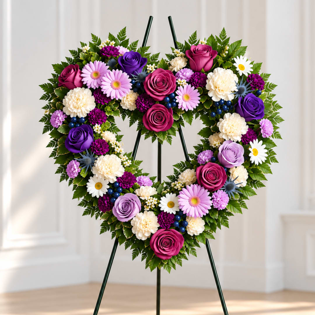 Heart-shaped floral wreath on an easel with pink, purple, and white flowers