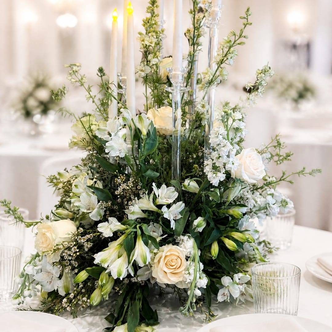White floral centerpiece with roses and lilies around tall candles