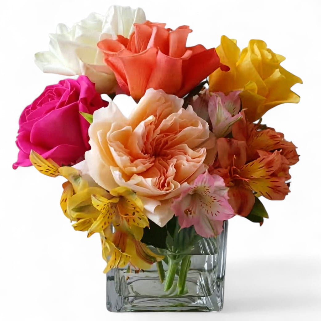 Colorful Rose Bouquet - Send this sweet gesture today to make them smile. Shades of pretty roses arranged in a modern glass vase. Perfect for a same day Haddonfield delivery for every reason.