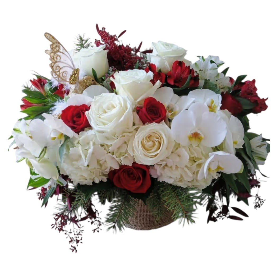 Winter Grace Luxe Haddonfield Centerpiece - A layered bouquet of white Phalaenopsis orchids, white hydrangeas and red roses creates a striking winter centerpiece that feels both elegant and warm - perfect as a Christmas or winter table focal point for the person you want to honor. This winter centerpiece arrangement brings a formal, giftable presence: the white flowers form a luminous base while the red roses add rich contrast so the recipient will feel truly celebrated and noticed.  Carefully arranged in a heavy glass wrapped vase with a burlap-wrapped finish and topped with a decorative butterfly pick, the Winter Grace Luxe Centerpiece mixes textures - silky orchids, full hydrangea clusters, and velvety roses - for a full, rounded presentation that reads beautifully from every angle. Accents of evergreens and eucalyptus add soft green depth and seasonal fragrance without overpowering the blooms. Designed to sit at table center height, it's an ideal size for dinners, mantle displays, or reception spaces. Please allow 48 hours notice for ordering and call first for availability; delivery is available throughout Haddonfield and nearby South Jersey towns.