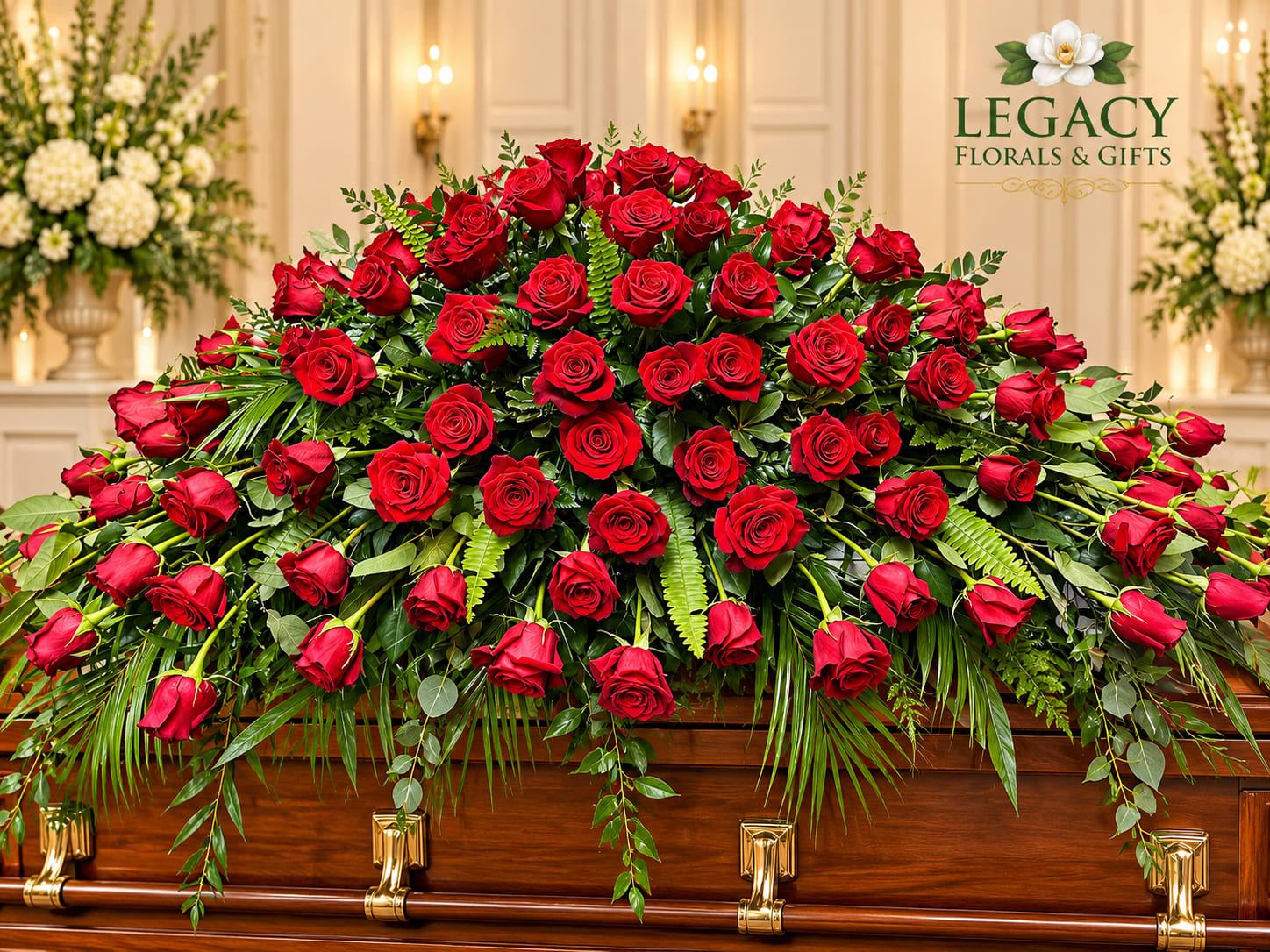Large red rose casket spray on a wooden coffin