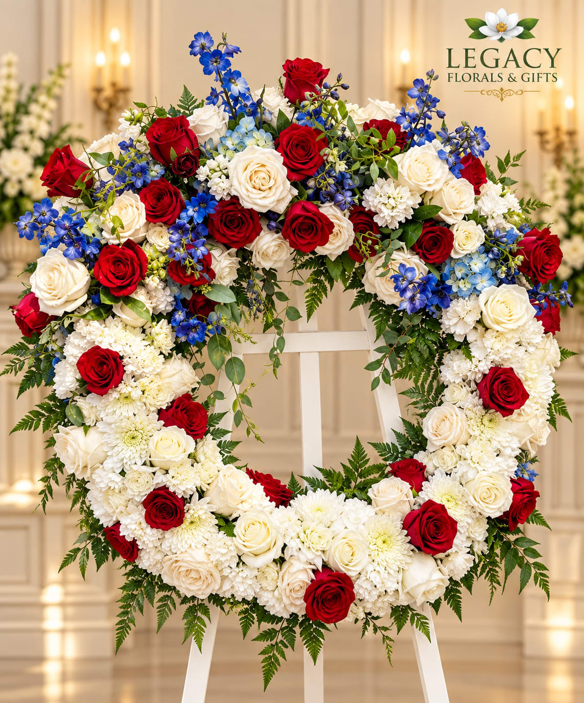 Large floral wreath of red, white, and blue flowers on a white stand