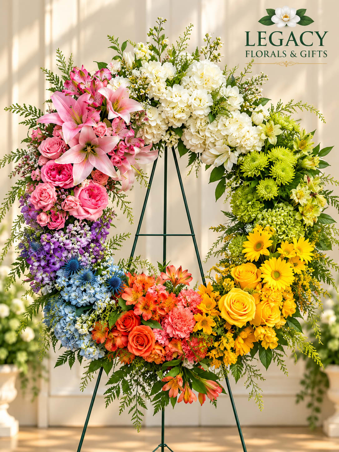 Large rainbow floral wreath on an easel with mixed blooms in pink, white, blue, orange, and yellow.